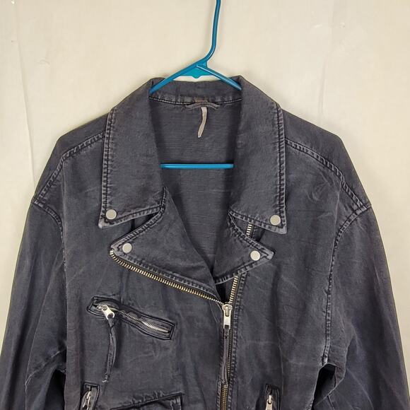 Free People black denim moto jacket Size Large Retro Biker Indie Grunge - Picture 6 of 13